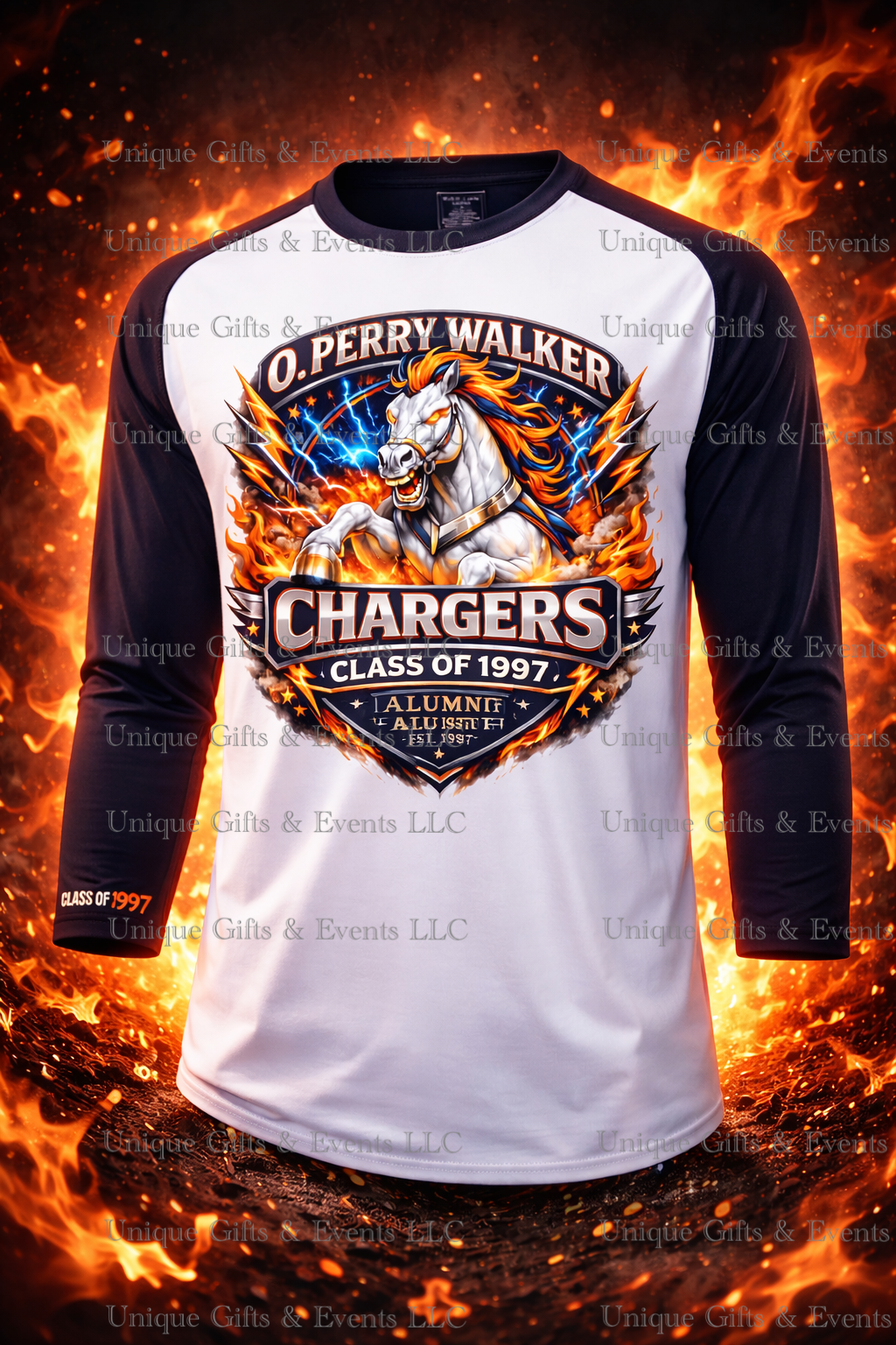 Class of 97’ Alumni Baseball Tee (WHITE/BLUE QUARTER SLEEVES) UNISEX