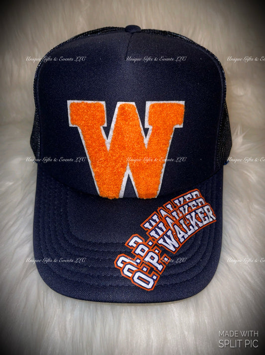 NAVY BLUE TRUCKER HAT “W” & SCHOOL NAME